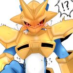  1:1 anthro armor bandai_namco blue_body blush digimon digimon_(species) disembodied_hand duo embarrassed gold_(metal) gold_armor magnamon male milkteaolo red_eyes scalie slim small_waist 