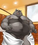  2021 anthro belly black_body black_nose canid canine canis detailed_background domestic_dog flaccid genitals hi_res humanoid_hands inside kemono locker_room male mammal moobs nipples obese obese_male overweight overweight_male penis pubes solo_focus towel yuuh1212 