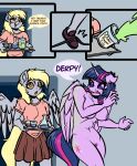  absurd_res anthro big_breasts bottomwear breasts chemicals clothed clothed/nude clothing comic derp_eyes derpy_hooves_(mlp) dialogue duo equid equine female friendship_is_magic genitals hasbro hi_res horn mammal my_little_pony nude pegasus pussy shirt skirt speech_bubble standing topwear tray tripping twilight_sparkle_(mlp) winged_unicorn wings witchtaunter 