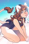  anthro breasts brown_eyes brown_hair clothing dandee_(character) felid female hair hi_res kneeling lion looking_at_viewer luxarman mammal one-piece_swimsuit pantherine signed simple_background swimwear 