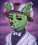 anthro black_nose bow_tie clothed clothing drkot fedora fur green_body green_fur hat headgear headwear hi_res horn humanoid leotoefinger looking_at_viewer male portrait red_eyes smile solo suit 