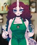  ? anthro apron apron_only areola big_breasts black_collar black_nails blurred_background breasts cleavage clothed clothing collar colored_nails container cup detailed_background english_text eyebrows female green_apron half-closed_eyes hi_res holding_cup holding_object holding_pen horn i_mean_breast_milk looking_at_viewer makeup mascara mascara_tears meme mostly_nude nails narrowed_eyes narwhal69 narwhal_tan open_mouth pen raised_eyebrow running_mascara solo starbucks tattoo text tired tired_eyes unicorn_horn 