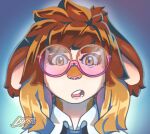  anthro brown_eyes brown_hair clothed clothing connie_(luxarman) eyewear female floppy_ears glasses hair head_shot hi_res lagomorph leporid looking_at_viewer luxarman mammal open_mouth rabbit signed simple_background teeth 