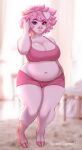 2021 anthro belly big_breasts bottomwear bra breasts clothing digital_media_(artwork) domestic_pig female hi_res hotpants looking_at_viewer mammal navel shorts slightly_chubby sports_bra spottedtigress suid suina sus_(pig) underwear wide_hips 