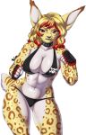  anthro blonde_hair breasts cleavage clothed clothing female fur hair hi_res mammal navel navel_piercing piercing reina. simple_background solo white_background yellow_body yellow_fur 