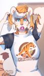  accessory blue_eyes breasts clothed clothing felid female freckles hair_accessory hairband hi_res looking_at_viewer luxarman mammal pancake_(character) pantherine shirt signed simple_background stripes tiger topwear 