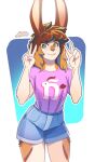  5_fingers big_ears bottomwear brown_hair clothed clothing connie_(luxarman) female fingers green_eyes hair hi_res lagomorph leporid luxarman mammal rabbit shirt shorts signed simple_background topwear 