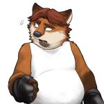  1:1 2016 alpha_channel anthro belly black_nose blue_eyes bodily_fluids brown_body brown_hair canid canine clothing disney fox gideon_grey hair humanoid_hands lassenby male mammal overweight overweight_male shirt simple_background solo sweat topwear transparent_background zootopia 