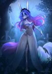  2021 anthro blue_hair breasts canid canine clothed clothing detailed_background digital_media_(artwork) dress female fox hair hi_res horn hybrid mammal night outside purple_hair solo sorafoxyteils 