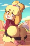  2021 2:3 animal_crossing anthro anus big_butt blush bodily_fluids breasts butt canid canine canis clothed clothing dipstick_tail domestic_dog female genitals hi_res isabelle_(animal_crossing) kneeling looking_at_viewer looking_back looking_back_at_viewer mammal markings nintendo open_mouth open_smile pants_down partially_clothed pawpads pussy shih_tzu side_boob smile solo sweat sweaty_butt tail_markings tongue tongue_out toy_dog video_games wildblur 