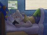  ambiguous_gender anthro bed brown_eyes cellphone clothing crizbn detailed_background english_text furniture legendary_pok&eacute;mon mewtwo nintendo phone pok&eacute;mon pok&eacute;mon_(species) signature smartphone solo text text_message torn_clothing video_games 