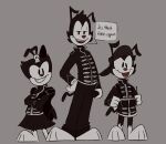  2021 animaniacs anthro black_and_white_fur clothed clothing dot_warner female grey_background group hat headgear headwear hi_res inkblot looking_at_viewer male my_chemical_romance psshtstudios red_nose simple_background smile text the_black_parade uniform wakko_warner warner_brothers yakko_warner 