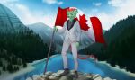  5_fingers anonymous_artist anthro canada canada_day canadian canadian_flag claws clothed clothing crown fingers flag footwear fur green_body green_fur grin hi_res horn humanoid leotoefinger looking_at_viewer male mountain outside plant red_eyes river smile solo standing tree 