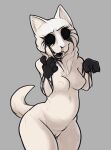  2021 5_fingers anthro biped black_paws breasts digital_media_(artwork) domestic_cat fangs felid feline felis female fingers fur genitals grey_background keadonger mammal open_mouth pussy scp-1913-1 scp_foundation simple_background solo teeth white_body white_fur 