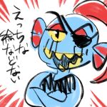  1:1 animal_humanoid black_clothing black_shirt black_topwear blue_body blue_skin clothing crossed_arms eye_patch eyewear female fish fish_humanoid hair hi_res humanoid marine marine_humanoid ponytail pugthe2ro red_hair shirt simple_background solo topwear undertale undertale_(series) undyne video_games yellow_sclera yellow_teeth 