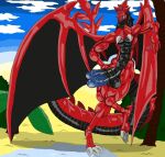  amarashi anthro balls big_balls big_wings black_body black_skin candy dessert dragon duel_monster egyptian_god food genitals glistening glistening_body hi_res lollipop long_tail male metalic multi_genitalia multi_penis muscular osiris penis red_body red_skin slifer_the_sky_dragon solo wings yu-gi-oh 