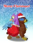  absurd_res avian beak bird bird_feet blue_body christmas christmas_clothing christmas_headwear clothing doesnotexist english_text eyes_closed feathered_wings feathers feral galliform green_eyes gryphon gyro_feather gyrotech hat headgear headwear hi_res holiday_message holidays male mythological_avian mythology open_mouth paws peafowl phasianid pink_body quadruped saewin santa&#039;s_bag santa_hat text wings 