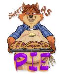  2019 absurd_res anthro apron belly biped brown_body canid canine clothing dessert disney fatdanwich food fox gideon_grey hi_res male mammal overweight overweight_male pie shirt simple_background solo text topwear white_background zootopia 