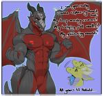  absurd_res anthro black_body black_scales blue_tongue blush dark_nipples darkgem dialogue dragon duo green_body green_scales group hi_res horn kobold looking_down looking_up male muscular muscular_male nodding red_body red_scales scales tongue wings 