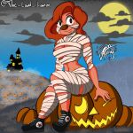  1:1 absurd_res anthro beauty_mark breasts cel_shading clothing disney female food footwear fruit full_moon goof_troop halloween halloween_costume halloween_pumpkin hi_res holidays jack-o&#039;-lantern lemon_andy looking_at_viewer moon mummy_costume mummy_wrappings nipple_slip plant pumpkin roxanne_(goof_troop) shaded shoes simple_background simple_coloring simple_shading sitting solo the_lewd_lemon under_boob 