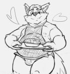  &lt;3 2018 anthro apron belly blush bulge canid canine choji_bear clothing cute_fangs dessert disney food fox gideon_grey humanoid_hands male mammal monochrome moobs nipples overweight overweight_male pie solo underwear zootopia 