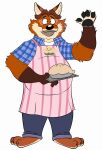 2018 anthro apron belly biped black_nose bottomwear burropaleta canid canine clothing dessert disney food fox gideon_grey hi_res humanoid_hands male mammal overweight overweight_male pants pie shirt simple_background solo topwear white_background zootopia 
