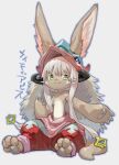  2020 absurd_res ambiguous_gender anthro baggy_clothing baggy_pants biped bottomwear brown_body brown_fur clothed clothing eyelashes flat_chested fur hair headdress hi_res inner_ear_fluff kemono lagomorph long_ears long_hair looking_at_viewer made_in_abyss mammal monotone_hair multicolored_body multicolored_fur nanachi narehate pants simple_background sitting solo tan_body tan_fur text topless translated tuft two_tone_body two_tone_fur whiskers white_background white_eyelashes white_hair wolftapioca yellow_eyes 