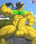  2021 abs absurd_res anthro balls bandai_namco biceps big_muscles blurred_background bulkmon claws clothing day detailed_background digimon digimon_(species) e-zoid erection fangs fist flexing genitals gloves green_body green_eyes green_scales handwear hi_res huge_muscles looking_at_viewer male muscular muscular_anthro muscular_male nipples nude outside pecs penis scales scalie sitting solo spread_legs spreading vein veiny_muscles veiny_penis yellow_body 