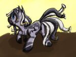  accessory anonymous_artist anus blue_eyes butt cutie_mark dreadlocks equid equine female feral genitals grey_body gyrotech hair_accessory hair_tie hasbro hi_res hooves jewelry mammal mane my_little_pony presenting pussy ruzeth solo stripes zebra 