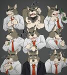  ? angry anthro armpit_hair bashful blush body_hair bottle business_suit canid canine chest_hair clock clothed clothing coffee_cup container cup drunk expression_sheet facial_hair fur gab_(comic) green_eyes grey_background grey_body grey_fur hi_res holding_bottle holding_cup holding_object looking_at_viewer male mammal mature_male multiple_images multiple_poses mustache necktie nipples pink_nipples pose simple_background sleeping solo substance_intoxication suit tongue tongue_out watch wristwatch yazoe 
