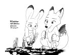  canid canine carrot clothed clothing digital_media_(artwork) disney food fox fully_clothed fur gloves handwear hi_res holding_object inktober inktober_2021 judy_hopps judyhopps44 lagomorph leporid mammal monochrome nick_wilde outside plant rabbit red_fox simple_background vegetable white_background zootopia 