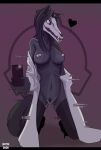  &lt;3 2020 anthro black_body black_fur black_hair black_tail bodily_fluids breasts canid canine canine_skull canis clothing coat dekst036 female fur genital_fluids genitals hair hi_res lab_coat malo mammal nude phone pussy pussy_juice scp-1471 scp-1471-a scp_foundation skull_face solo topwear white_eyes wolf 