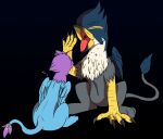  avian beak bird bird_feet blue_body duo feathered_wings feathers feral galliform green_eyes gryphon gyro_feather lnyx magicalfurry male mythological_avian mythology open_mouth oral_fixation paws peafowl phasianid pink_body quadruped size_difference tail_tuft tuft wings yawn 