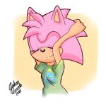  1:1 amy_rose andreasonicka anthro black_nose blush clothing eulipotyphlan eyelashes female fur glossy_eyed hedgehog mammal pink_body pink_fur sega shirt signature simple_background solo sonic_the_hedgehog_(series) topwear 