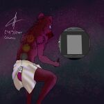  1:1 anthro blue_eyes butt cosmos_the_hyena cosmosarts drawing_in_a_drawing drawing_tablet fur hi_res hyaenid male mammal purple_body purple_fur solo space stylus 