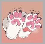 4_toes ambiguous_gender ambiguous_species anthro border claws feet foot_fetish foot_lick foot_play foot_shot grey_border licking motion_lines mr_nun pawpads paws pink_background simple_background solo tickling toe_claws toes tongue tongue_out 