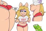  amphibian anthro belly big_breasts blonde_hair bottomwear breasts butt clothed clothing domestic_pig duo eyeshadow female frog hair hi_res hotpants huge_breasts kermit_the_frog makeup male mammal miss_piggy multiple_poses muppets nipples pose rear_view shorts side_view simple_background slightly_chubby suid suina sus_(pig) sweetdandy text text_on_clothing under_boob undressing white_background 