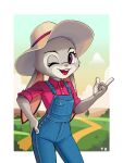  anthro buckteeth clothing dipstick_ears disney ears_down farm female fur hand_on_butt hat headgear headwear hi_res judy_hopps lagomorph leporid looking_at_viewer mammal multicolored_body multicolored_ears multicolored_fur one_eye_closed open_mouth open_smile outside overalls pivoted_ears rabbit smile solo teeth twinkitty two_tone_body two_tone_fur wink zootopia 