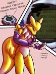  3:4 after_transformation annoyed anthro bandai_namco bound breasts clothing comic cylable dialogue digimon digimon_(species) digivice encasement english_text fan_character female grey_eyes hi_res latex_skin renamon rubber rubber_clothing rubber_suit solo suit_transformation text transformation trapped 