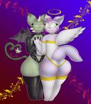  2021 absurd_res amphibian angelic anthro axolotl bat_wings bedroom_eyes big_breasts big_butt blue_eyes breast_squish breasts breasts_frottage butt catxolotl clasped_hands clothed clothing dalia_(gazaster) digital_media_(artwork) domestic_cat duo external_gills eyewear feathered_wings feathers felid feline felis female female/female gaz_(gazaster) gazaster gesture gills glasses gloves gold_stripes gold_trim gradient_background green_body green_eyes green_skin hair half-closed_eyes halloween halloween_costume halo hand_holding handwear head_tuft hi_res holidays interlocked_fingers latex_armwear latex_clothing latex_gloves latex_legwear looking_at_viewer looking_back looking_back_at_viewer mammal membrane_(anatomy) membranous_wings mole_salamander multicolored_eyes narrowed_eyes pink_body pink_eyes rubber salamander_(amphibian) seductive shy simple_background skimpy smile smug squish standing tail_gesture tail_heart teeth thick_thighs tuft white_clothing wide_hips wings yellow_eyes yellow_sclera 