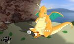  cave cliff daisy_(flower) dragonite duo feral growlithe hatchlingbyheart lake male nintendo pok&eacute;mon pok&eacute;mon_(species) sitting sitting_on_person video_games 