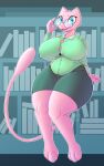  2021 absurd_res anthro big_breasts blue_eyes bluse book breasts clothed clothing digital_drawing_(artwork) digital_media_(artwork) epileptic_goat eyewear female floating glasses green_outfit hi_res huge_breasts legendary_pok&eacute;mon librarian library looking_at_viewer mew nintendo open_mouth pink_body pok&eacute;mon pok&eacute;mon_(species) potbelly signature simple_background sitting slightly_chubby smile solo thick_thighs unknown_character video_games watermark 