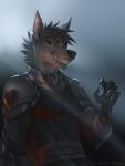  2021 3:4 5_fingers anthro armor canid canine clothed clothing digital_media_(artwork) fingers hi_res koul male mammal simple_background smile teeth 