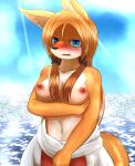  absurd_res anthro blonde_hair blue_eyes bodily_fluids breasts canid canine chigiri covering covering_self crying female fur hair hi_res kemono mammal nipples open_mouth sea sky solo tan_body tan_fur tan_hair tears water 