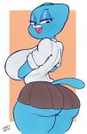  2021 alternate_version_at_source anthro big_breasts big_butt blue_body blue_eyes border bottomwear breasts butt cartoon_network clothed clothing curvy_figure domestic_cat felid feline felis female hi_res huge_breasts huge_butt looking_back mammal mature_anthro mature_female miniskirt narrowed_eyes nicole_watterson open_mouth portrait rear_view signature skirt sleepyscientist solo standing the_amazing_world_of_gumball thick_thighs three-quarter_portrait voluptuous white_border wide_hips 