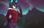  2018 5_fingers absurd_res anthro black_body black_fur black_hair black_nose black_tail blue_eyes bottomwear cervid clothed clothing detailed_background digital_media_(artwork) ear_piercing female fingers forest front_view fully_clothed fur grey_bottomwear grey_clothing grey_pants hair hand_on_hip hi_res jacket mammal mountain multicolored_body multicolored_fur ni70 night outside pants piercing plant red_clothing red_topwear scelyne sky solo standing topwear tree two_tone_body two_tone_fur white_body white_fur 