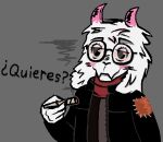  &iquest;quieres? anonymous_artist anthro blush clothed clothing deltarune drugs eyewear fur glasses grey_background horn jacket lifeweb looking_at_viewer male marijuana meme offering_to_viewer patch_(fabric) pink_horn ralsei ralsei_smoking_blunt red_eyes red_scarf scarf simple_background smile smoke solo spanish_text text topwear translated undertale_(series) video_games 