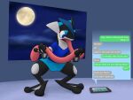  &lt;3 4:3 ambiguous_gender anthro cellphone crizbn emoticon english_text full_moon greninja heart_emoticon holding_tongue implied_transformation moon nintendo phone pok&eacute;mon pok&eacute;mon_(species) signature simple_background smartphone solo text text_message uwu video_games 