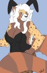  2021 ailurid anthro breasts brown_body brown_fur bunny_costume cheetah clothed clothing costume digital_media_(artwork) fake_ears fake_rabbit_ears felid feline female fur hair hi_res hybrid kira looking_at_viewer mammal meme red_panda sa-chat shirt_cut_meme simple_background smile solo spots white_hair yellow_body yellow_fur 