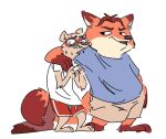  2016 anthro bodily_fluids bottomwear canid canine clothing disney domestic_ferret duo embrace fox gideon_grey hug humanoid_hands male mammal mustela mustelid musteline nobby_(artist) orange_body overweight overweight_male shirt shorts simple_background sweat topwear travis_(zootopia) true_musteline white_background zootopia 